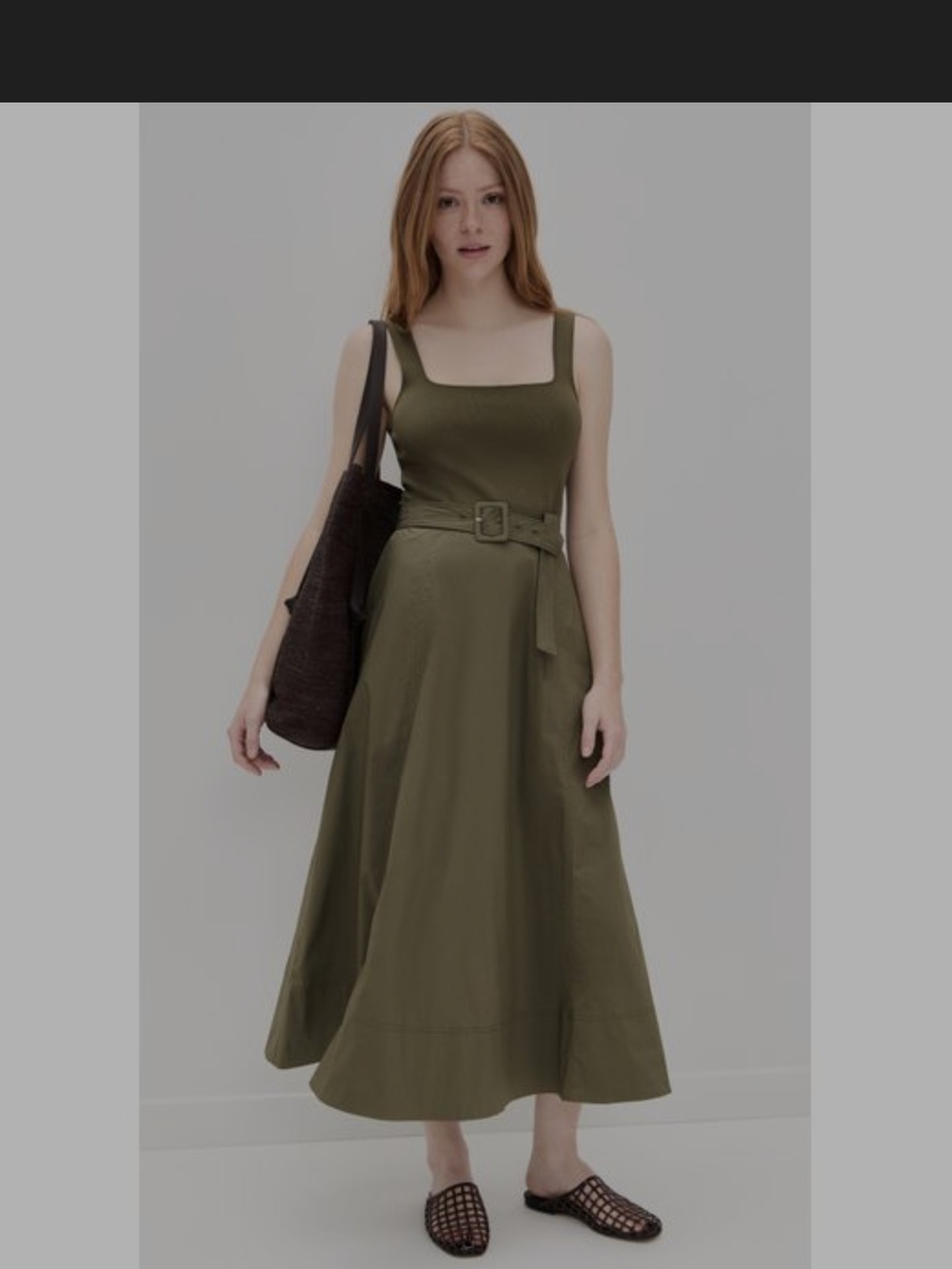 Olive Square-Neck Maxi Dress with Self-Tie Belt